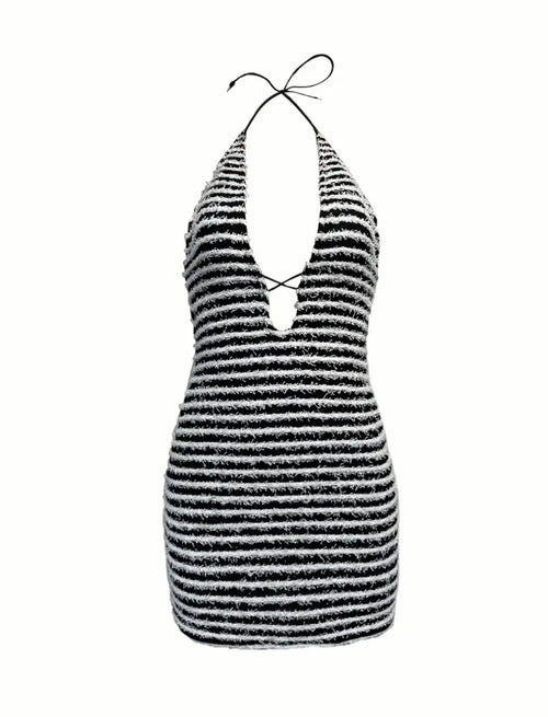 DAINTY Striped Halter Neck Backless Mini Dress