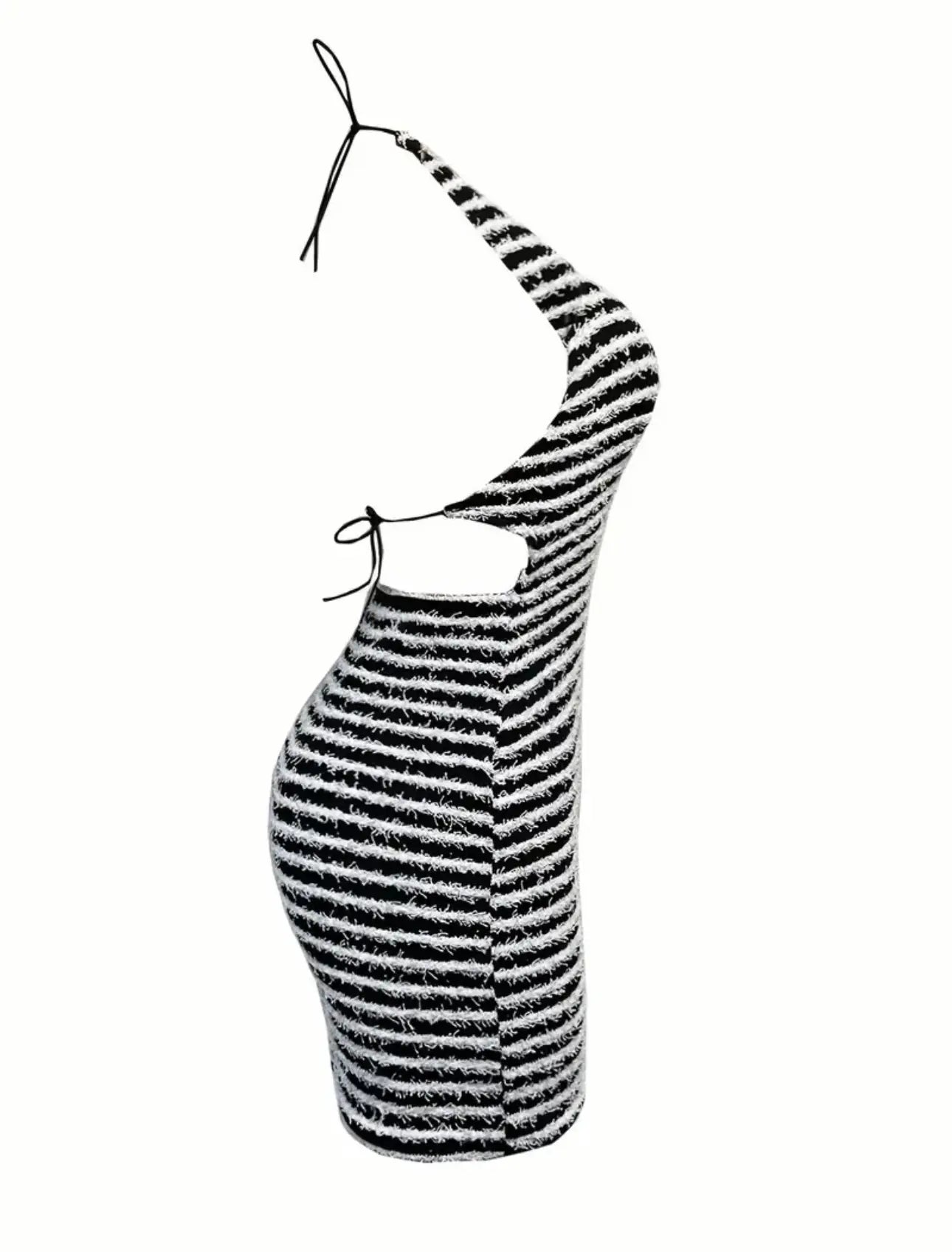 DAINTY Striped Halter Neck Backless Mini Dress