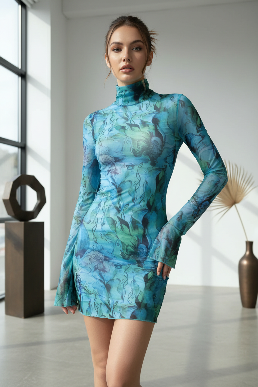 AQUAFINA Ocean Blue Printed Mini Mesh Dress