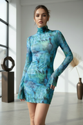 AQUAFINA Ocean Blue Printed Mini Mesh Dress
