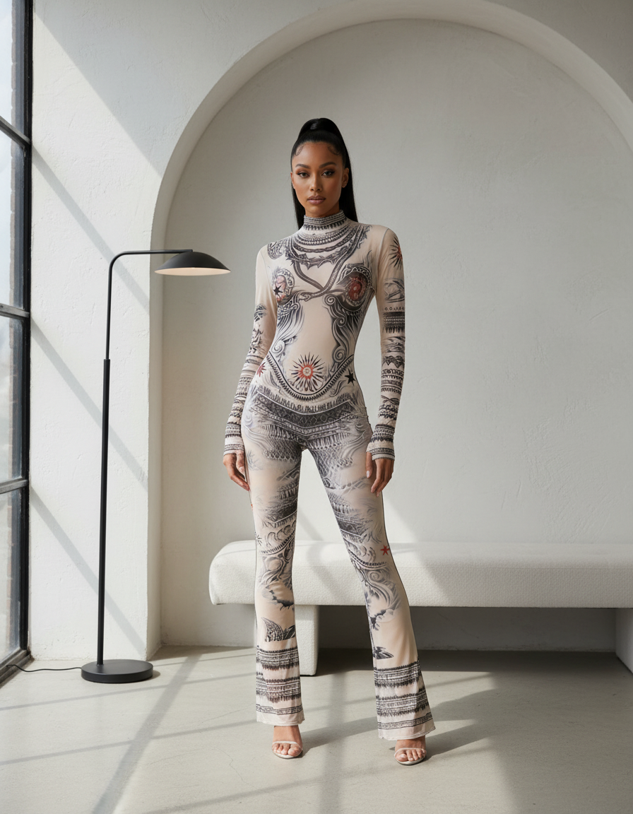 MELROSE Printed Lip Design Flare Leg Jumpsuit